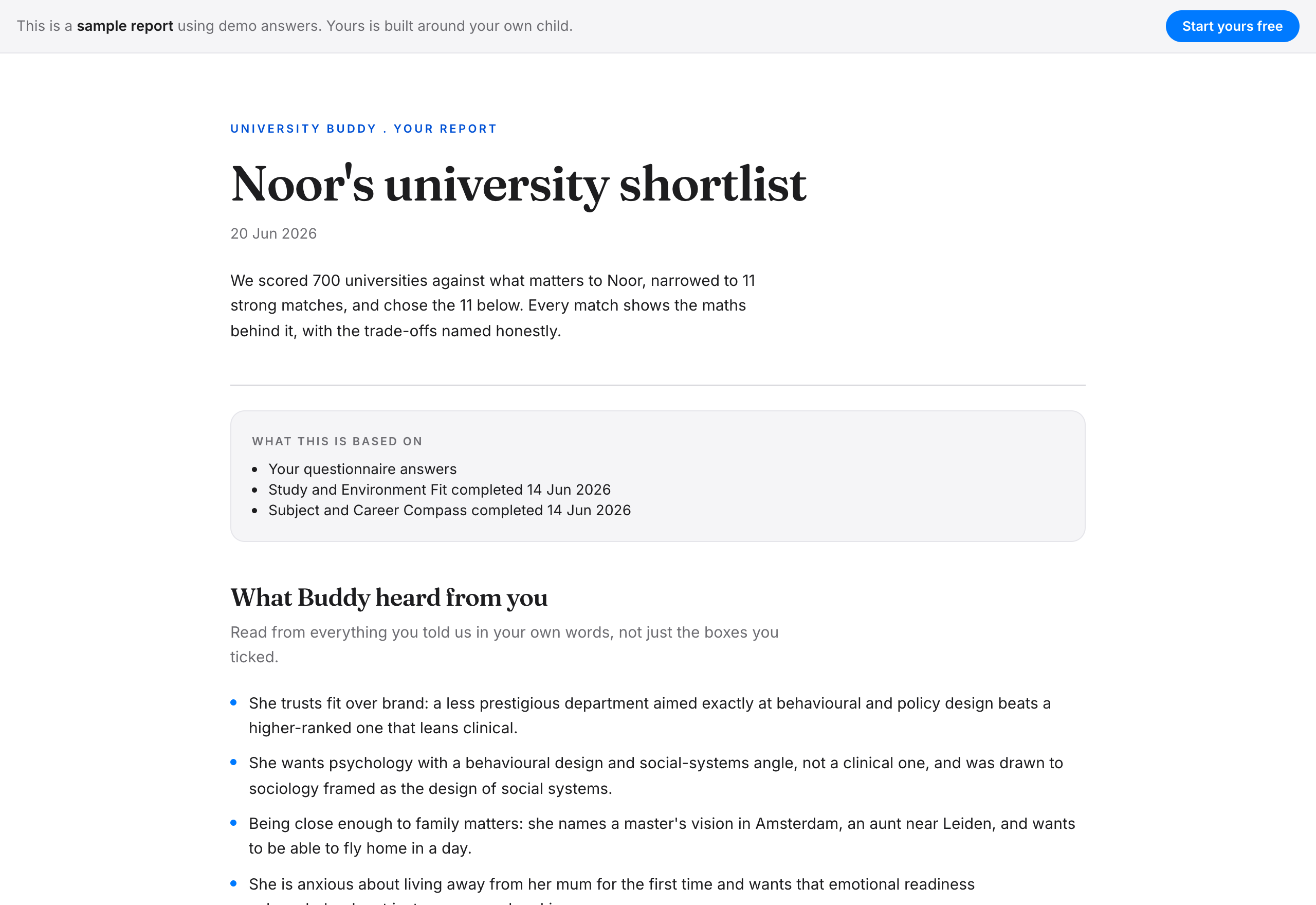 A real University Buddy report: a university shortlist with the maths behind each match